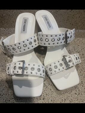 Steve Madden White Double Grommet Buckle Slide Sandals